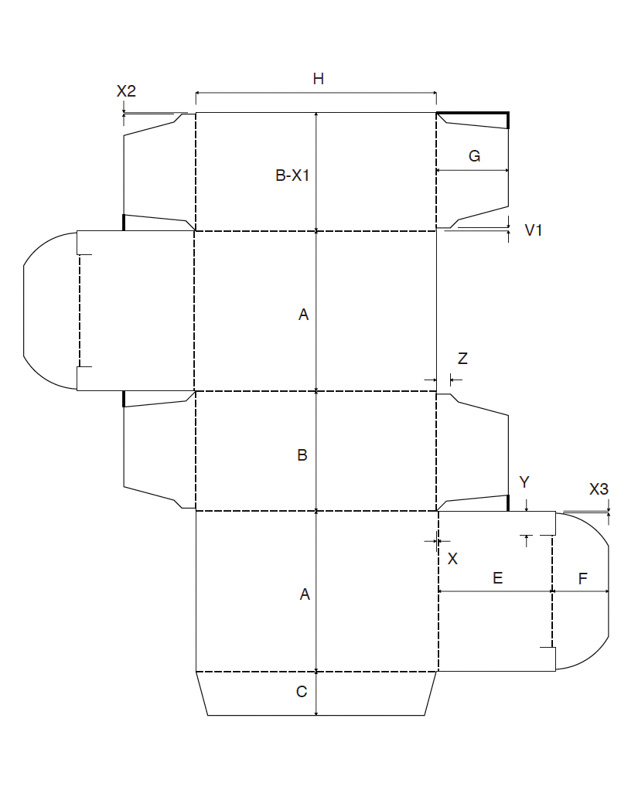 Faltschachtel Verpackung ECMA A2220 1 mit Aritierung am Deckel technische Zeichnung